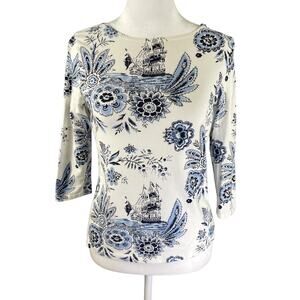 Talbots Petite Size P XSP Top 3/4 Sleeve White with Blue Boats & Flowers PXS